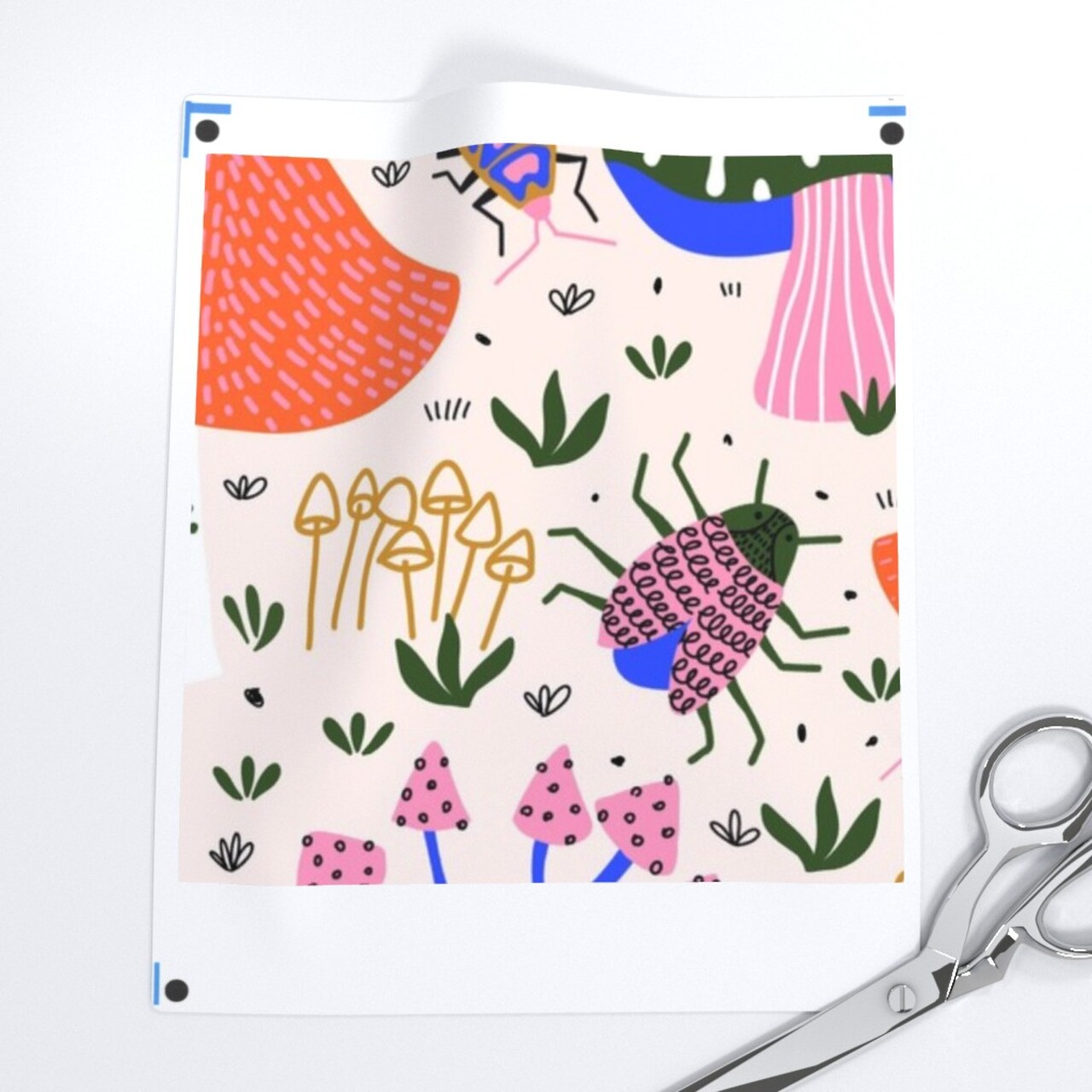 Mushroom Doodles Colorful Botanical Woodland Insects Retro Nature Red Blue Green Custom Printed Fabric by Spoonflower Various Fabrics by the Yard or Fat Quarter